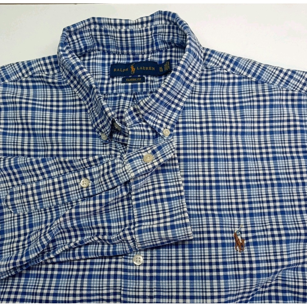 Ralph‎ Lauren Men's Size XL Classic Fit Blue Plaid Embroidered Button Down Shirt
